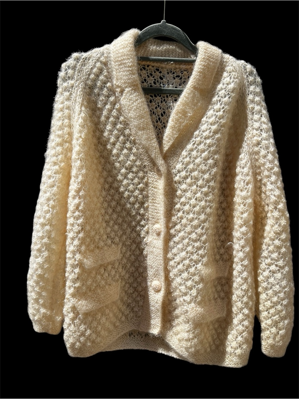 RARE! Vintage 60s Cream Mohair Wool Open-Knit Slouchy Retro Cardigan Sweater L - Picture 4 of 15